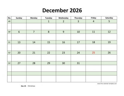 december 2026 calendar daycolored horizontal