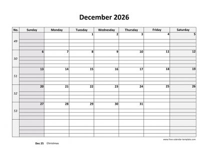 december 2026 calendar daygrid horizontal