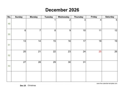 december 2026 calendar holidays horizontal