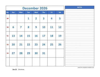 december 2026 calendar largenotes horizontal