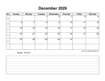 december 2026 calendar notes horizontal