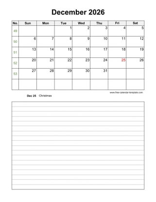 december 2026 calendar notes vertical