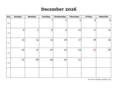 december 2026 calendar simple horizontal