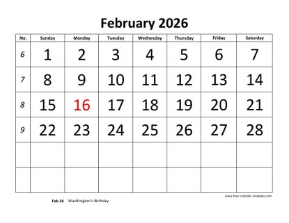 february 2026 calendar bigfont horizontal