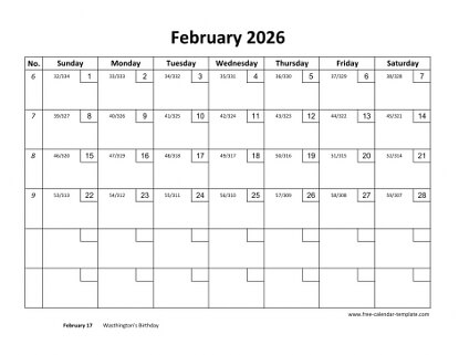 february 2026 calendar checkboxes horizontal