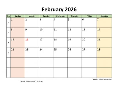 february 2026 calendar colored horizontal