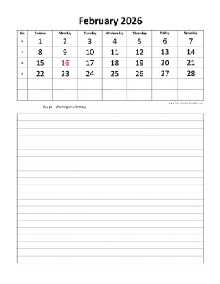 february 2026 calendar daily notes vertical