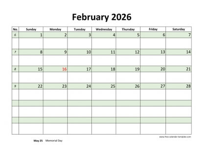 february 2026 calendar daycolored horizontal