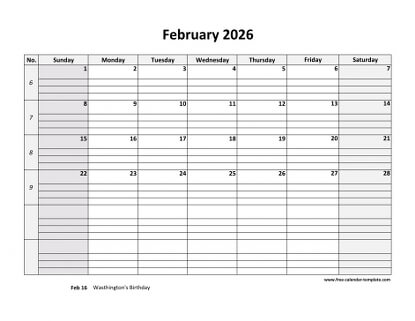 february 2026 calendar daygrid horizontal