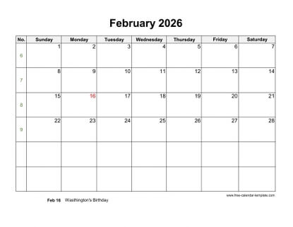 february 2026 calendar holidays horizontal