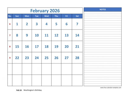 february 2026 calendar largenotes horizontal