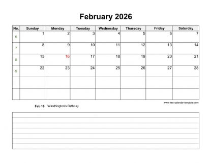 february 2026 calendar notes horizontal