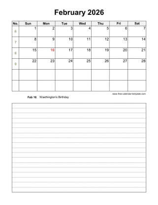 february 2026 calendar notes vertical