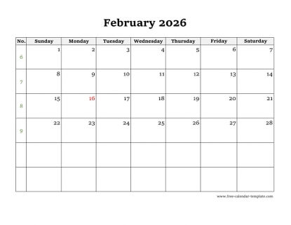 february 2026 calendar simple horizontal