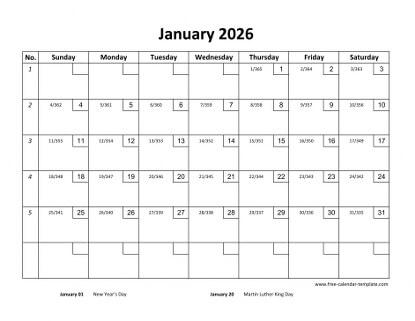 january 2026 calendar checkboxes horizontal