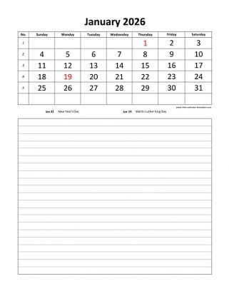 january 2026 calendar daily notes vertical