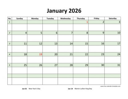 january 2026 calendar daycolored horizontal