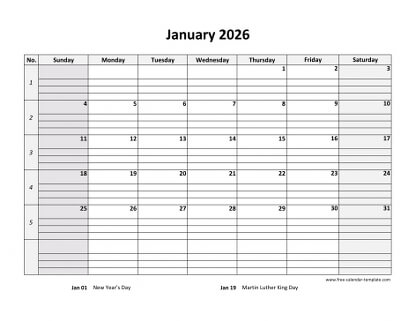 january 2026 calendar daygrid horizontal