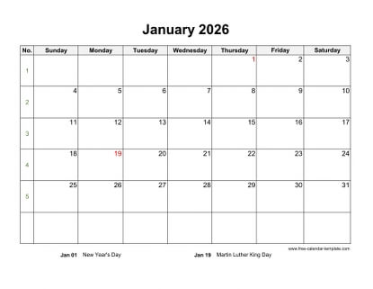 january 2026 calendar holidays horizontal