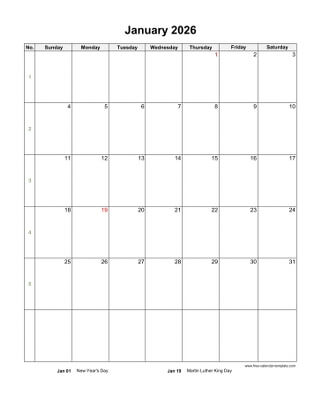 january 2026 calendar holidays vertical