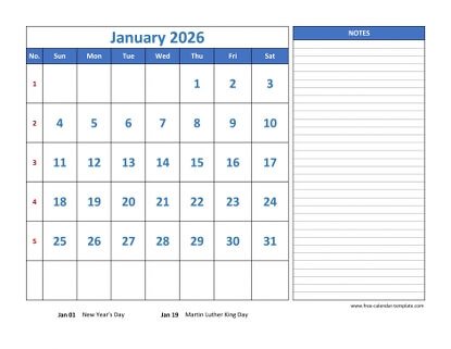 january 2026 calendar largenotes horizontal