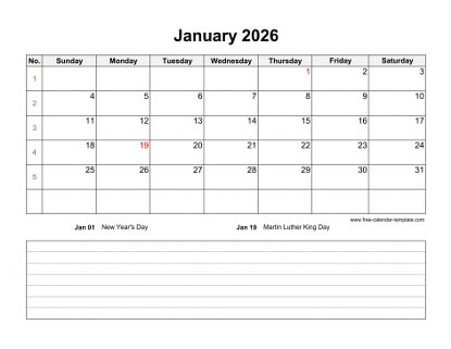 january 2026 calendar notes horizontal