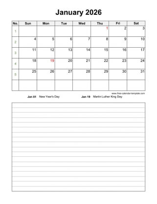 january 2026 calendar notes vertical