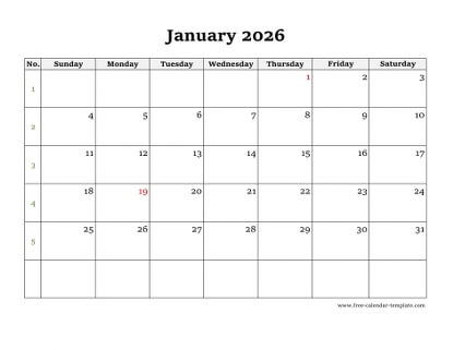 january 2026 calendar simple horizontal