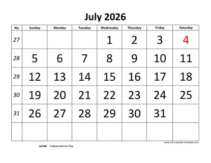 july 2026 calendar bigfont horizontal