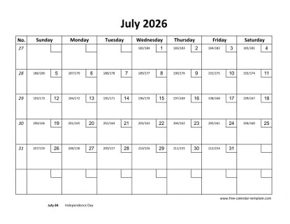 july 2026 calendar checkboxes horizontal