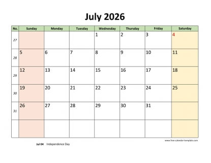 july 2026 calendar colored horizontal