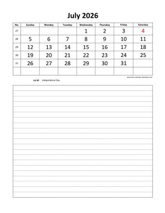 july 2026 calendar daily notes vertical