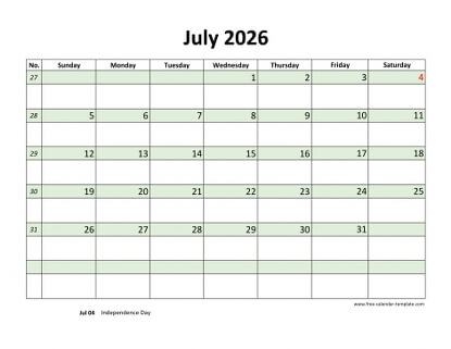 july 2026 calendar daycolored horizontal