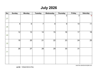 july 2026 calendar holidays horizontal