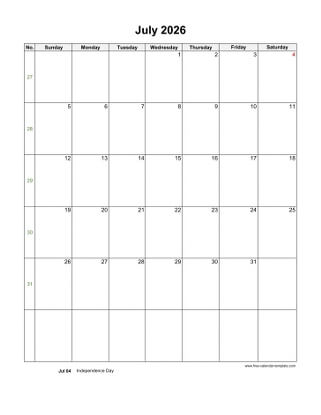 july 2026 calendar holidays vertical