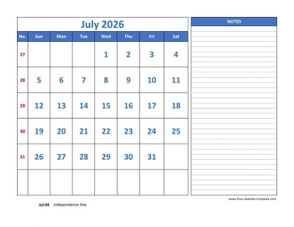 july 2026 calendar largenotes horizontal