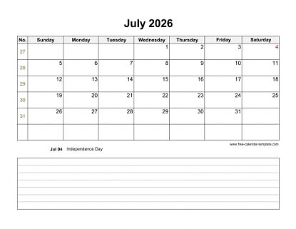 july 2026 calendar notes horizontal