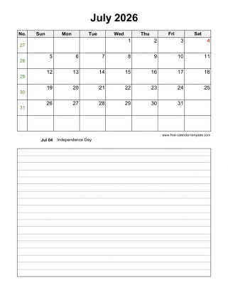 july 2026 calendar notes vertical