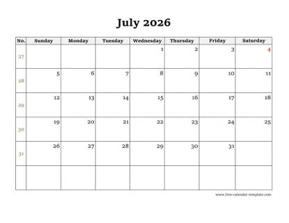 july 2026 calendar simple horizontal