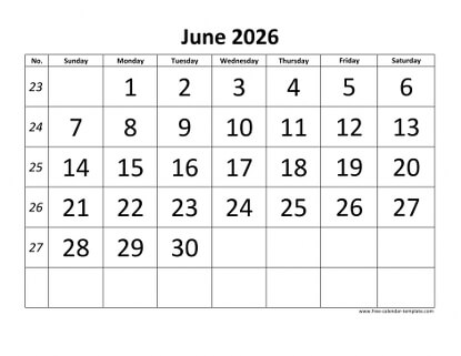 june 2026 calendar bigfont horizontal