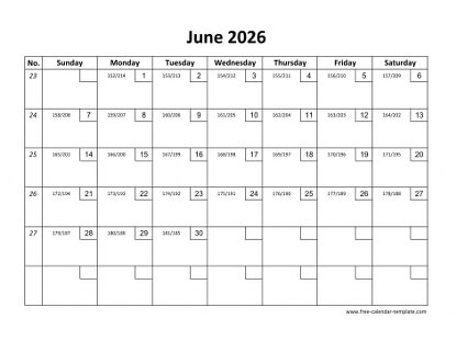 june 2026 calendar checkboxes horizontal