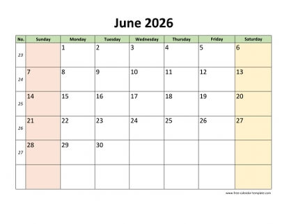 june 2026 calendar colored horizontal