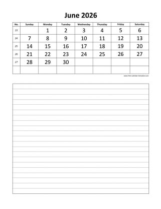 june 2026 calendar daily notes vertical