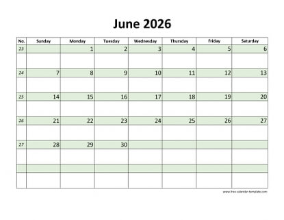 june 2026 calendar daycolored horizontal