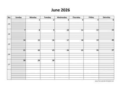 june 2026 calendar daygrid horizontal