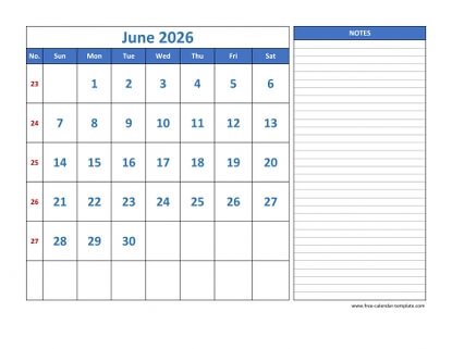 june 2026 calendar largenotes horizontal