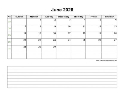 june 2026 calendar notes horizontal