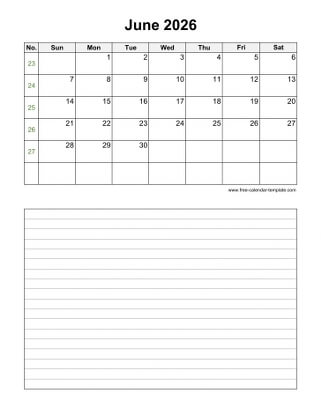 june 2026 calendar notes vertical