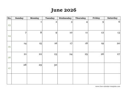 june 2026 calendar simple horizontal