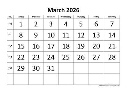 march 2026 calendar bigfont horizontal